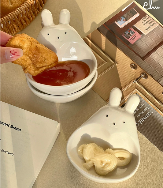 Cute Bunny Ceramic Sauce Dish | White Mini Dipping Seasoning Bowl