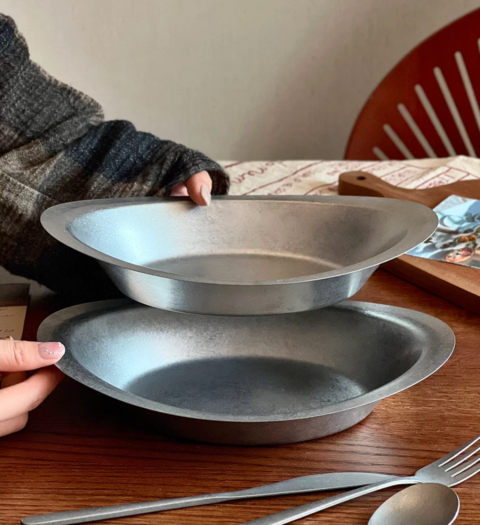 Vintage 304 Stainless Steel Oval Plate | Matte Retro Serving Dish