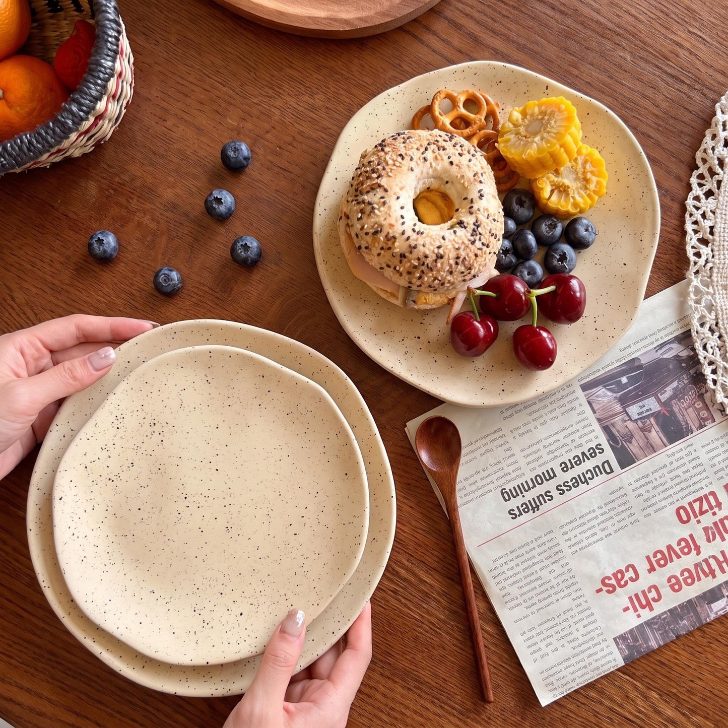Handmade Splatter Dot Ceramic Dinner Plate, Irregular Coarse Pottery Serving Tray
