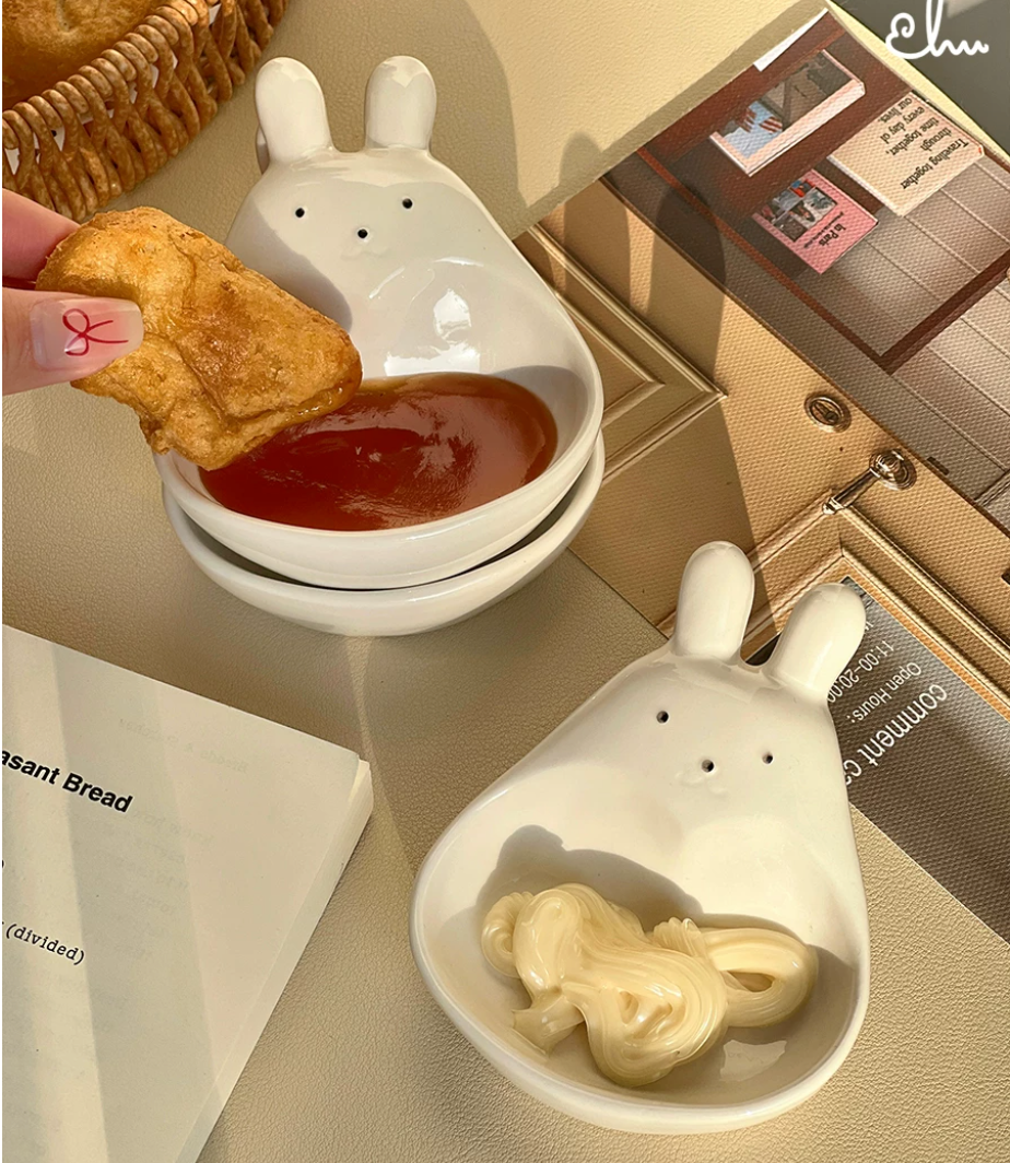Cute Bunny Ceramic Sauce Dish | White Mini Dipping Seasoning Bowl