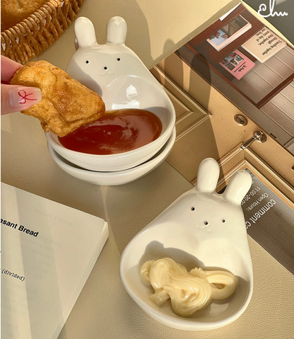 Cute Bunny Ceramic Sauce Dish | White Mini Dipping Seasoning Bowl