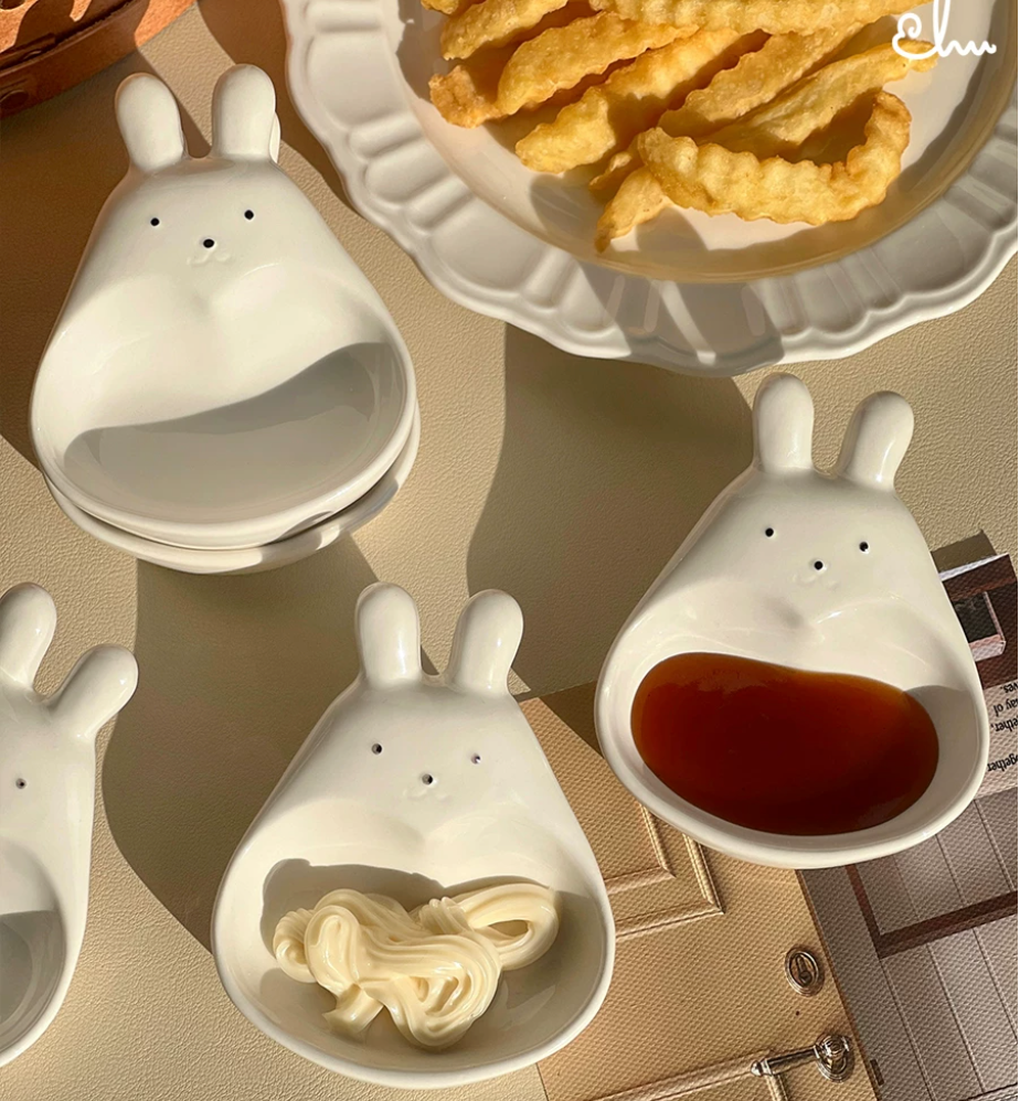 Cute Bunny Ceramic Sauce Dish | White Mini Dipping Seasoning Bowl