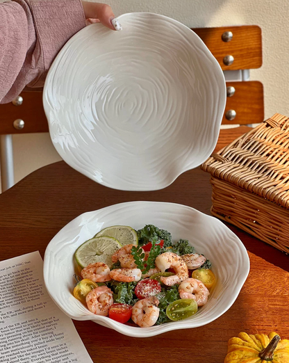 Hand-Carved Wavy Rim Stoneware Deep Plate | Handmade Textured Salad Pasta Bowl