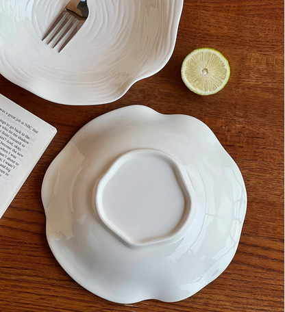 Hand-Carved Wavy Rim Stoneware Deep Plate | Handmade Textured Salad Pasta Bowl