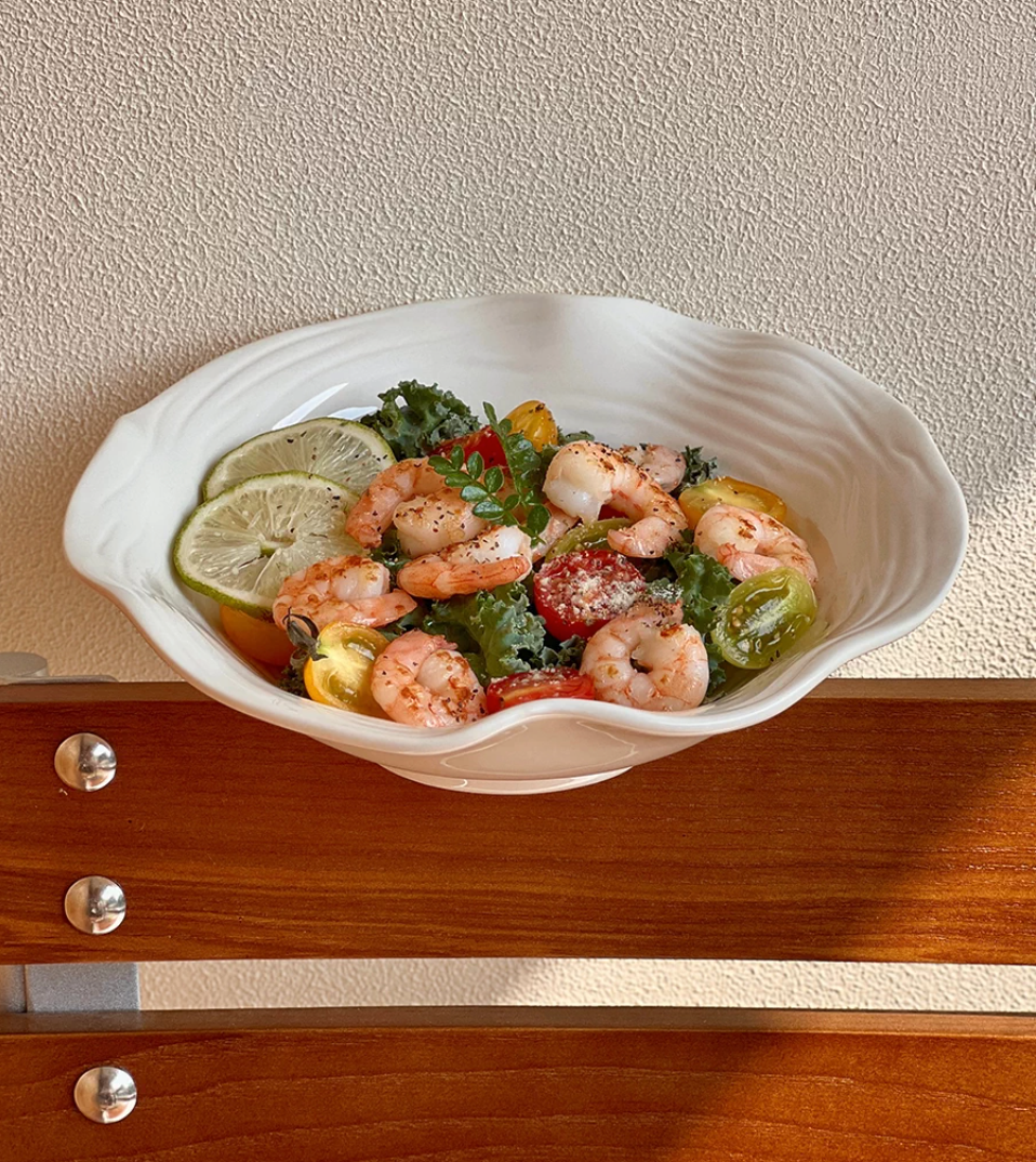 Hand-Carved Wavy Rim Stoneware Deep Plate | Handmade Textured Salad Pasta Bowl