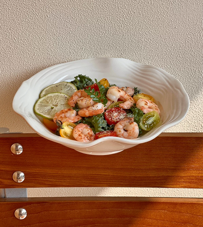 Hand-Carved Wavy Rim Stoneware Deep Plate | Handmade Textured Salad Pasta Bowl