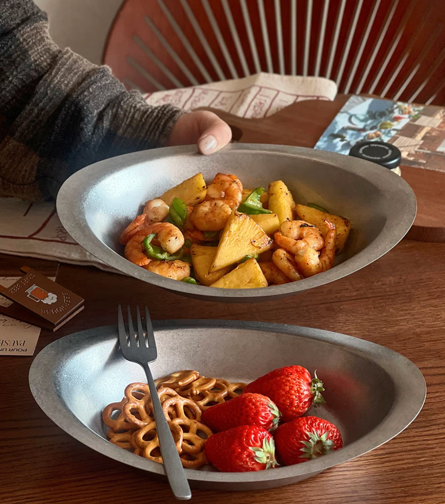 Vintage 304 Stainless Steel Oval Plate | Matte Retro Serving Dish