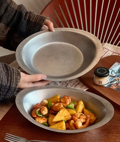 Vintage 304 Stainless Steel Oval Plate | Matte Retro Serving Dish
